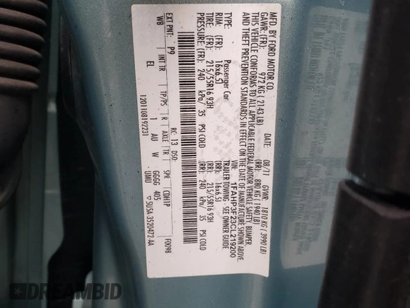2012 Ford Focus SE с VIN 1FAHP3F23CL219200, выставлен на аукционе Copart как лот 55843635 с пробегом 118 084 миль миль и Списание • Salvage title. История ставок и продаж доступна на DreamBid. Изображение 12.