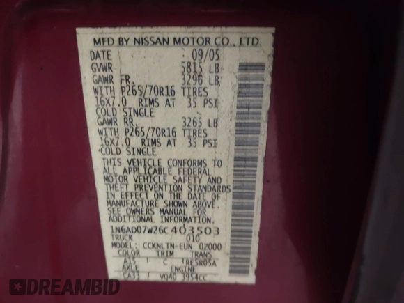 2006 Nissan Frontier LE z VIN 1N6AD07W26C403503, wystawiony jako IAAI lot #41928338 z przebiegiem 163 205 mil mil oraz . Historia ofert i sprzedaży dostępna na DreamBid. Obrazek 9.