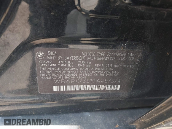 2009 BMW 3 Series 328i xDrive with VIN WBAPK73519A457574, listed as a IAAI auction lot 42575375 with Not provided miles and . Bid and sale history available at DreamBid. Image 9.