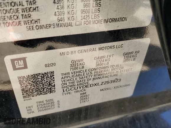 2020 Chevrolet Silverado 1500 LT with VIN 1GCUYDEDXLZ253923, listed as a Copart auction lot 82211904 with 95,574 mi miles and Salvage Title. Bid and sale history available at DreamBid. Image 14.