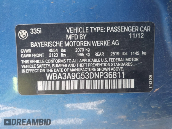 2013 BMW 3 Series 335i with VIN WBA3A9G53DNP36811, listed as a IAAI auction lot 42558641 with 122,566 mi miles and . Bid and sale history available at DreamBid. Image 9.