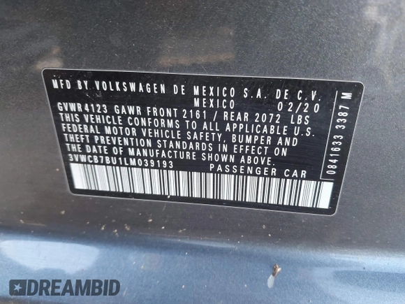 2020 Volkswagen Jetta S z VIN 3VWCB7BU1LM039193, wystawiony jako IAAI lot #42305897 z przebiegiem 108 319 mil mil oraz . Historia ofert i sprzedaży dostępna na DreamBid. Obrazek 9.