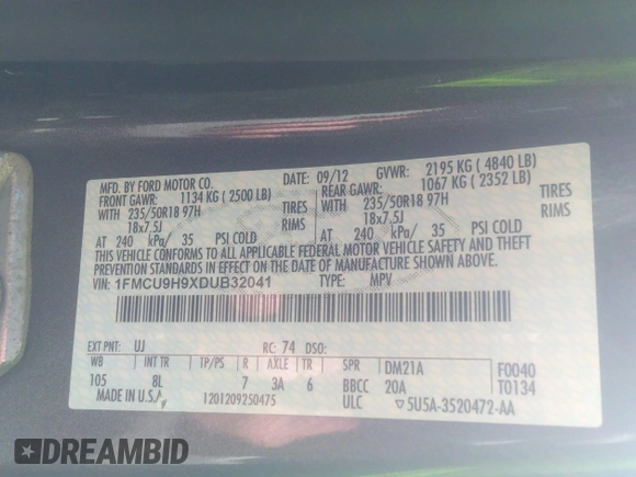 2013 Ford Escape SEL with VIN 1FMCU9H9XDUB32041, listed as a IAAI auction lot 36310371 with 99,560 mi miles. Bid and sale history available at carsss.com. Image 9.
