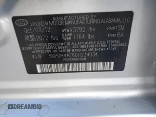 2013 Hyundai Elantra Limited with VIN 5NPDH4AE6DH234034, listed as a IAAI auction lot 42156075 with 95,524 mi miles and . Bid and sale history available at DreamBid. Image 9.