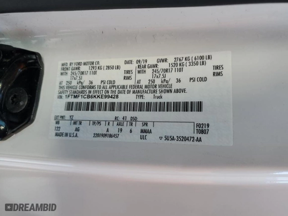 2019 Ford F-150 XL with VIN 1FTMF1CB6KKE99428, listed as a Copart auction lot 45852485 with 28,091 mi miles and Salvage Title. Bid and sale history available at carsss.com. Image 12.