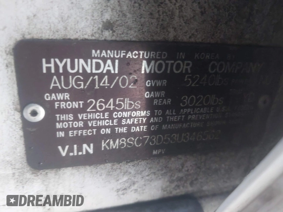 2003 Hyundai Santa Fe GLS with VIN KM8SC73D53U346562, listed as a IAAI auction lot 41706515 with 192,883 mi miles. Bid and sale history available at carsss.com. Image 9.