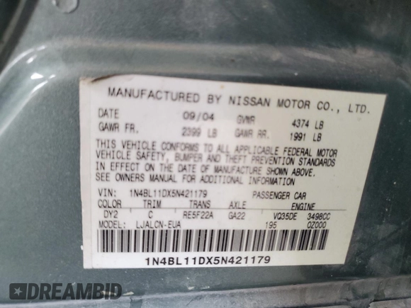 2005 Nissan Altima 3.5 SE with VIN 1N4BL11DX5N421179, listed as a Copart auction lot 51166075 with 70,583 mi miles and Clean Title. Bid and sale history available at carsss.com. Image 12.