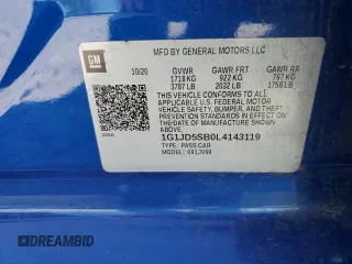2020 Chevrolet Sonic LT with VIN 1G1JD5SB0L4143119, listed as a Copart auction lot 53456455 with 46,462 mi miles and Salvage title. Bid and sale history available at DreamBid. Image 12.