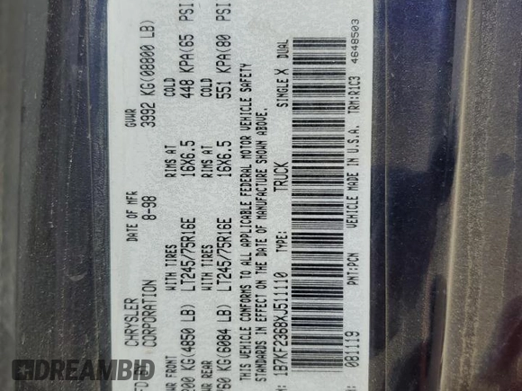 1999 Dodge Ram 2500 with VIN 1B7KF2368XJ511110, listed as a Copart auction lot 68945174 with 173,983 mi miles and Salvage Title. Bid and sale history available at carsss.com. Image 14.