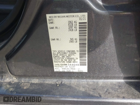 2021 Nissan Altima 2.5 SV with VIN 1N4BL4DV9MN344048, listed as a IAAI auction lot 41877762 with 100,413 mi miles. Bid and sale history available at carsss.com. Image 9.