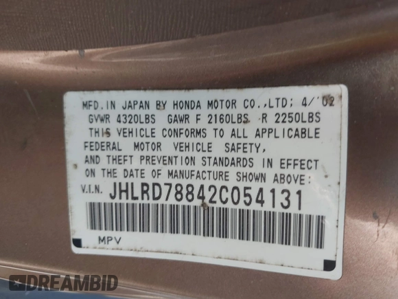 2002 Honda CR-V EX with VIN JHLRD78842C054131, listed as a IAAI auction lot 42101159 with 266,533 mi miles and . Bid and sale history available at DreamBid. Image 9.