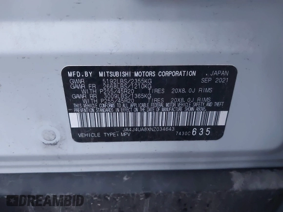 2022 Mitsubishi Outlander SE z VIN JA4J4UA8XNZ034643, wystawiony jako IAAI lot #41214966 z przebiegiem 52 827 mil mil oraz . Historia ofert i sprzedaży dostępna na DreamBid. Obrazek 9.
