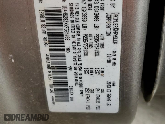 1999 Dodge Durango z VIN 1B4HS28ZXXF585086, wystawiony jako Copart lot #49914645 z przebiegiem 261 913 mil mil oraz Szkoda całkowita • Salvage title. Historia ofert i sprzedaży dostępna na DreamBid. Obrazek 12.