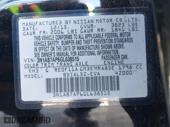 2016 Nissan Sentra S with VIN 3N1AB7AP6GL638515, listed as a IAAI auction lot 42137893 with 1,474 mi miles. Bid and sale history available at carsss.com. Image 9.