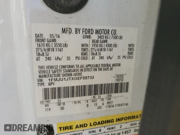 2016 Ford Expedition XLT with VIN 1FMJU1JTXGEF55733, listed as a Copart auction lot 61854995 with 137,941 mi miles and Clean title. Bid and sale history available at DreamBid. Image 13.