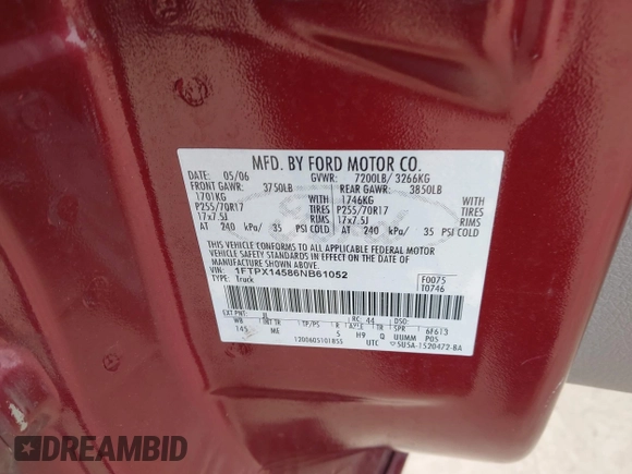 2006 Ford F-150 XLT с VIN 1FTPX14586NB61052, выставлен на аукционе IAAI как лот 42452566 с пробегом 145 612 миль миль и . История ставок и продаж доступна на DreamBid. Изображение 9.