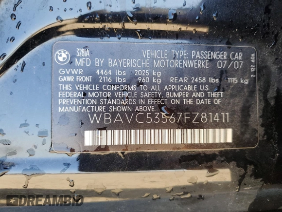 2007 BMW 3 Series 328i with VIN WBAVC53567FZ81411, listed as a Copart auction lot 56689235 with 143,823 mi miles and Salvage title. Bid and sale history available at DreamBid. Image 12.
