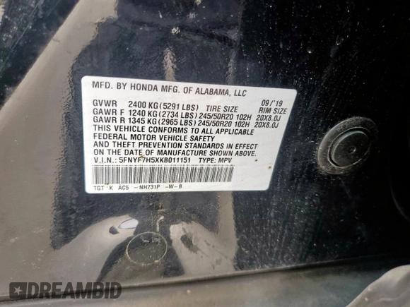 2019 Honda Passport EX-L z VIN 5FNYF7H5XKB011151, wystawiony jako Copart lot #54422535 z przebiegiem 74 277 mil mil oraz Szkoda całkowita • Salvage title. Historia ofert i sprzedaży dostępna na DreamBid. Obrazek 14.