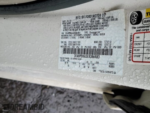 2012 Ford Fusion SE with VIN 3FAHP0HA3CR386483, listed as a Copart auction lot 60967535 with 156,504 mi miles and Salvage title. Bid and sale history available at DreamBid. Image 12.