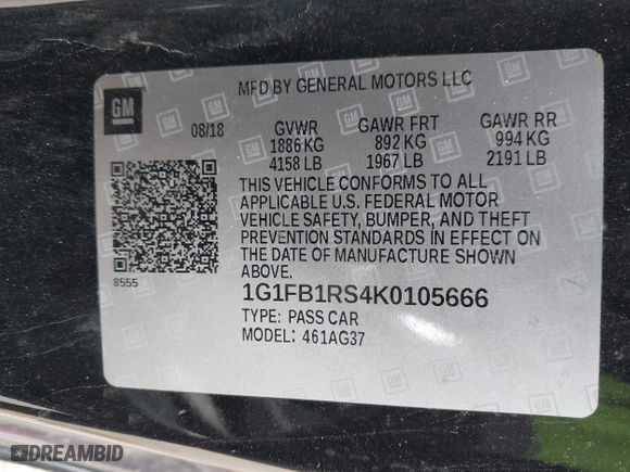 2019 Chevrolet Camaro 1LT with VIN 1G1FB1RS4K0105666, listed as a IAAI auction lot 41623001 with 58,694 mi miles. Bid and sale history available at carsss.com. Image 9.