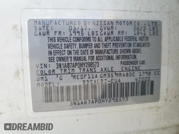 2017 Nissan Sentra S with VIN 3N1AB7AP0HY298573, listed as a Copart auction lot 61185705 with 120,142 mi miles and Salvage title. Bid and sale history available at DreamBid. Image 13.