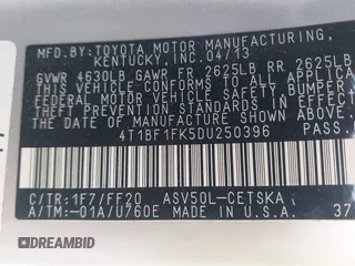 2013 Toyota Camry L with VIN 4T1BF1FK5DU250396, listed as a IAAI auction lot 41855293 with 123,379 mi miles. Bid and sale history available at carsss.com. Image 9.