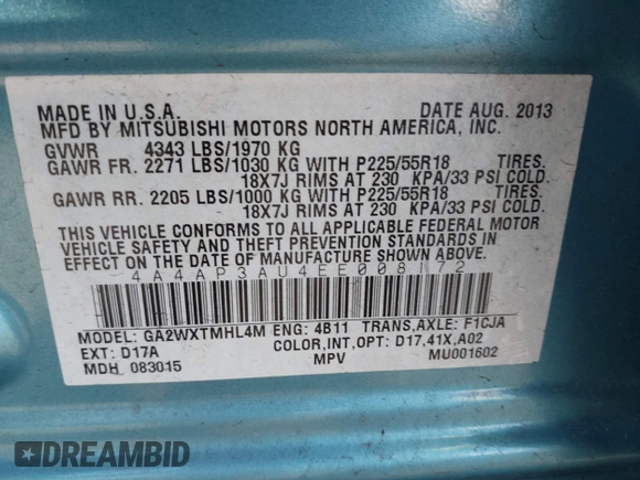 2014 Mitsubishi Outlander Sport ES with VIN 4A4AP3AU4EE008172, listed as a IAAI auction lot 42134539 with 126,478 mi miles. Bid and sale history available at carsss.com. Image 9.
