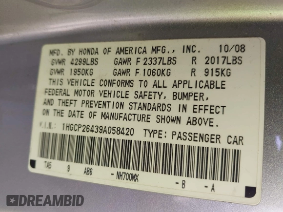 2009 Honda Accord LX-P with VIN 1HGCP26439A058420, listed as a IAAI auction lot 41919296 with 325,935 mi miles and . Bid and sale history available at DreamBid. Image 9.