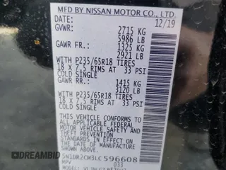 2020 Nissan Pathfinder SL with VIN 5N1DR2CM3LC596608, listed as a Copart auction lot 53834375 with 72,320 mi miles and Salvage title. Bid and sale history available at DreamBid. Image 12.