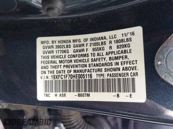 2017 Honda Civic Sedan EX-L with VIN 19XFC1F70HE005116, listed as a IAAI auction lot 42042277 with 61,812 mi miles. Bid and sale history available at carsss.com. Image 9.