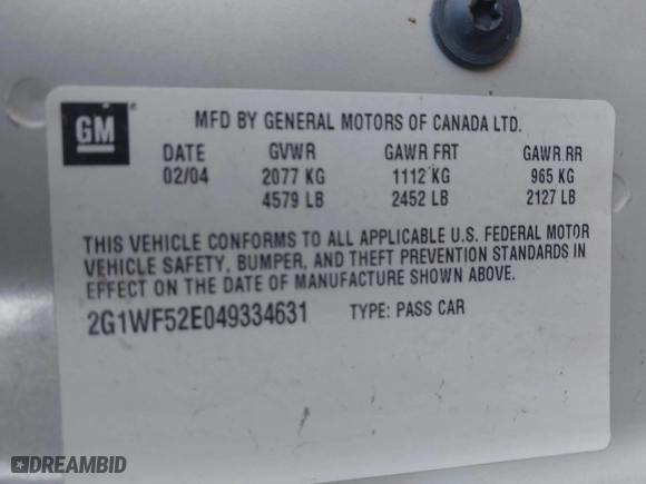 2004 Chevrolet Impala with VIN 2G1WF52E049334631, listed as a IAAI auction lot 41841574 with 120,769 mi miles. Bid and sale history available at carsss.com. Image 9.
