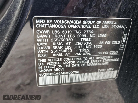 2021 Volkswagen Atlas SE с VIN 1V2RR2CA6MC600750, выставлен на аукционе Copart как лот 51966135 с пробегом 79 158 миль миль и Списание • Salvage title. История ставок и продаж доступна на DreamBid. Изображение 12.