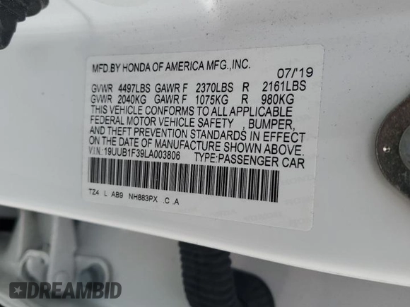 2020 Acura TLX with VIN 19UUB1F39LA003806, listed as a Copart auction lot 59588425 with 131,997 mi miles and Salvage title. Bid and sale history available at DreamBid. Image 12.