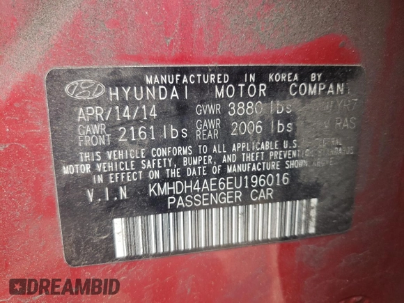 2014 Hyundai Elantra SE z VIN KMHDH4AE6EU196016, wystawiony jako Copart lot #58425485 z przebiegiem 194 100 mil mil oraz Szkoda całkowita • Salvage title. Historia ofert i sprzedaży dostępna na DreamBid. Obrazek 12.