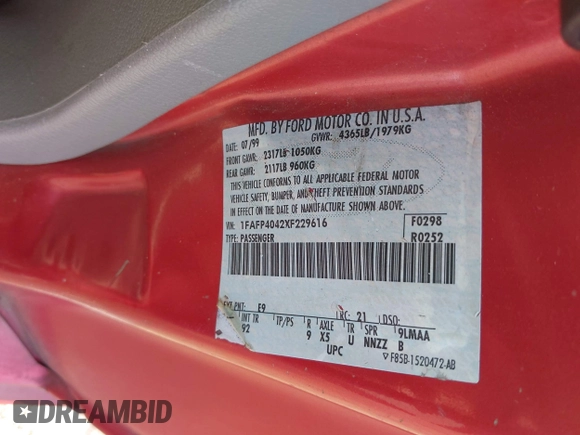 1999 Ford Mustang with VIN 1FAFP4042XF229616, listed as a IAAI auction lot 42047185 with 287,758 mi miles and . Bid and sale history available at DreamBid. Image 9.