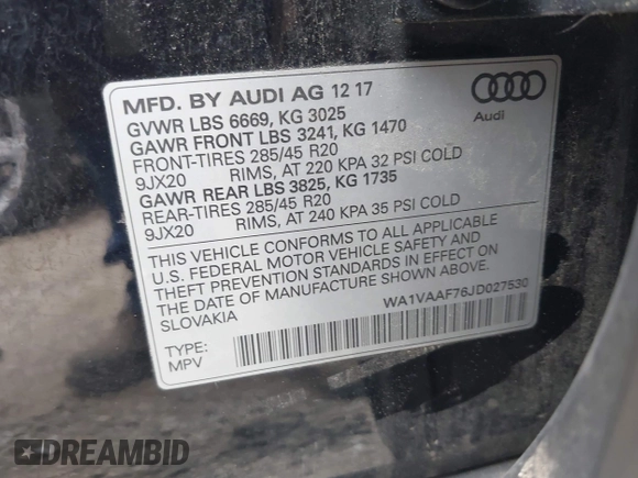 2018 Audi Q7 Prestige with VIN WA1VAAF76JD027530, listed as a IAAI auction lot 42684193 with 102,488 mi miles and . Bid and sale history available at DreamBid. Image 9.