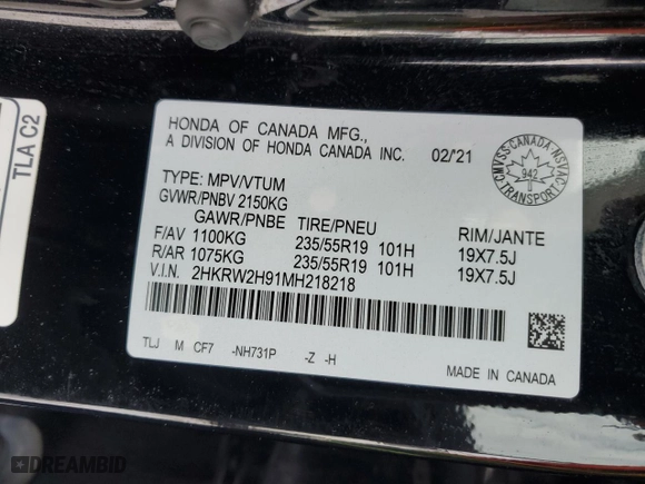 2021 Honda CR-V Touring with VIN 2HKRW2H91MH218218, listed as a Copart auction lot 44949245 with 44,488 mi miles and Salvage Title. Bid and sale history available at carsss.com. Image 13.