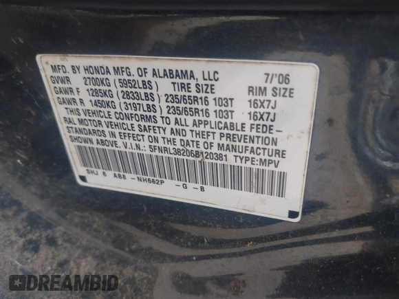 2006 Honda Odyssey LX with VIN 5FNRL38206B120381, listed as a IAAI auction lot 42058872 with 165,217 mi miles. Bid and sale history available at carsss.com. Image 9.