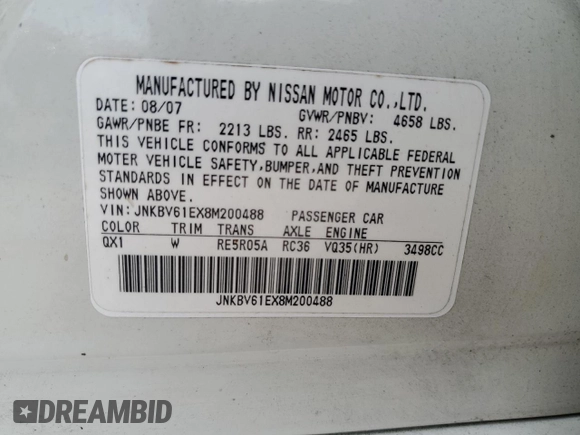 2008 Infiniti G35 with VIN JNKBV61EX8M200488, listed as a Copart auction lot 70752484 with Not Provided miles and Salvage Title. Bid and sale history available at DreamBid. Image 13.
