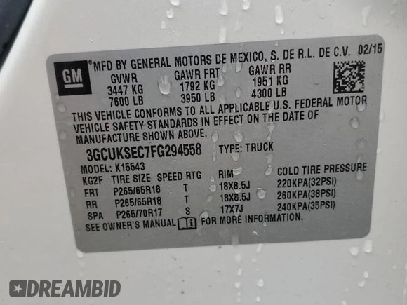 2015 Chevrolet Silverado 1500 LTZ with VIN 3GCUKSEC7FG294558, listed as a Copart auction lot 53981415 with 114,042 mi miles and Salvage Title. Bid and sale history available at DreamBid. Image 12.