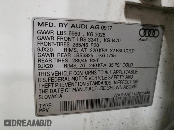 2018 Audi Q7 Premium Plus with VIN WA1LAAF71JD015468, listed as a Copart auction lot 46852095 with 126,637 mi miles and Non repairable. Bid and sale history available at DreamBid. Image 15.