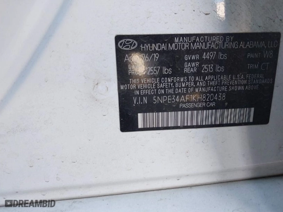 2019 Hyundai Sonata Sport with VIN 5NPE34AF1KH820438, listed as a IAAI auction lot 41353422 with 56,603 mi miles. Bid and sale history available at carsss.com. Image 9.