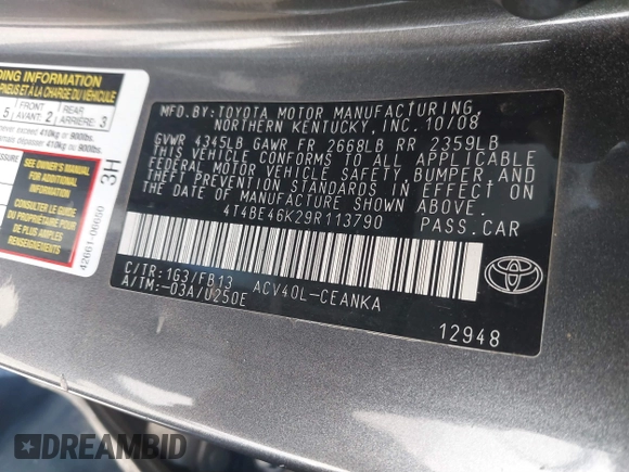 2009 Toyota Camry with VIN 4T4BE46K29R113790, listed as a IAAI auction lot 41323753 with 148,575 mi miles. Bid and sale history available at carsss.com. Image 9.