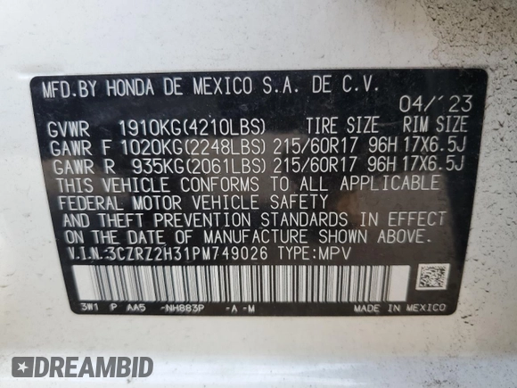 2023 Honda HR-V LX with VIN 3CZRZ2H31PM749026, listed as a Copart auction lot 59519705 with 22,810 mi miles and Salvage title. Bid and sale history available at DreamBid. Image 13.