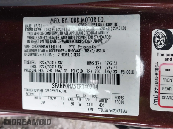 2012 Ford Fusion SE with VIN 3FAHP0HA5CR140714, listed as a IAAI auction lot 41742205 with 116,952 mi miles and . Bid and sale history available at carsss.com. Image 9.