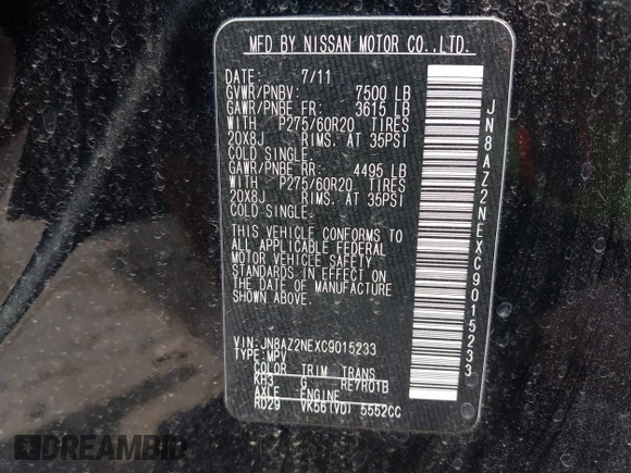 2012 Infiniti QX56 7-passenger with VIN JN8AZ2NEXC9015233, listed as a IAAI auction lot 42228817 with 110,020 mi miles and . Bid and sale history available at DreamBid. Image 9.