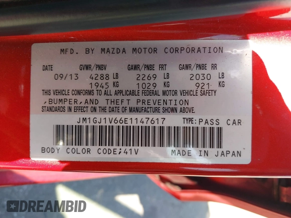 2014 Mazda Mazda6 i Touring with VIN JM1GJ1V66E1147617, listed as a IAAI auction lot 42154697 with 218,802 mi miles. Bid and sale history available at carsss.com. Image 9.