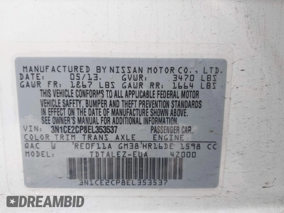 2014 Nissan Note SV с VIN 3N1CE2CP8EL353537, выставлен на аукционе IAAI как лот 42472903 с пробегом 110 002 миль миль и . История ставок и продаж доступна на DreamBid. Изображение 9.