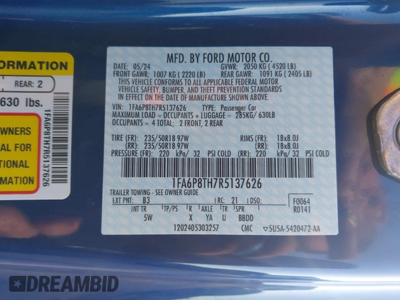 2024 Ford Mustang EcoBoost with VIN 1FA6P8TH7R5137626, listed as a IAAI auction lot 41219446 with 2,112 mi miles. Bid and sale history available at carsss.com. Image 9.