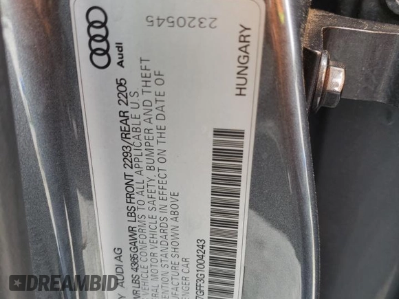 2016 Audi A3 1.8T Premium with VIN WAUA7GFF3G1004243, listed as a Copart auction lot 42664873 with 88,469 mi miles. Bid and sale history available at carsss.com. Image 12.